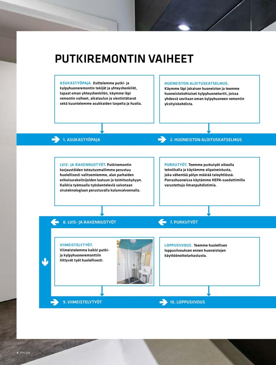 huolia. HUONEISTON ALOITUSKATSELMUS. Käymme läpi jokaisen huoneiston ja teemme huoneistokohtaiset kylpyhuonekortit, joissa yhdessä sovitaan oman kylpyhuoneen remontin yksityiskohdista. 1.