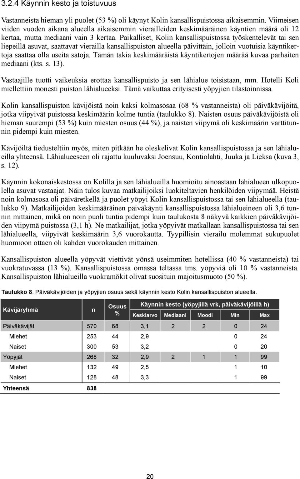 Paikalliset, Kolin kansallispuistossa työskentelevät tai sen liepeillä asuvat, saattavat vierailla kansallispuiston alueella päivittäin, jolloin vuotuisia käyntikertoja saattaa olla useita satoja.