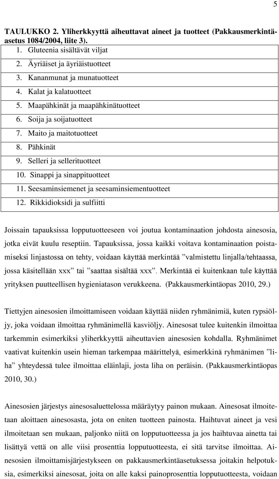 Seesaminsiemenet ja seesaminsiementuotteet 12. Rikkidioksidi ja sulfiitti Joissain tapauksissa lopputuotteeseen voi joutua kontaminaation johdosta ainesosia, jotka eivät kuulu reseptiin.