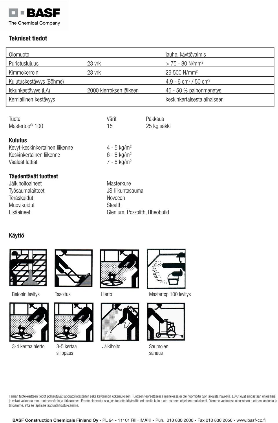 liikenne 6-8 kg/m 2 Vaaleat lattiat 7-8 kg/m 2 Täydentävät tuotteet Jälkihoitoaineet Työsaumalaitteet Teräskuidut Muovikuidut Lisäaineet Masterkure JS-liikuntasauma Novocon Stealth Glenium,