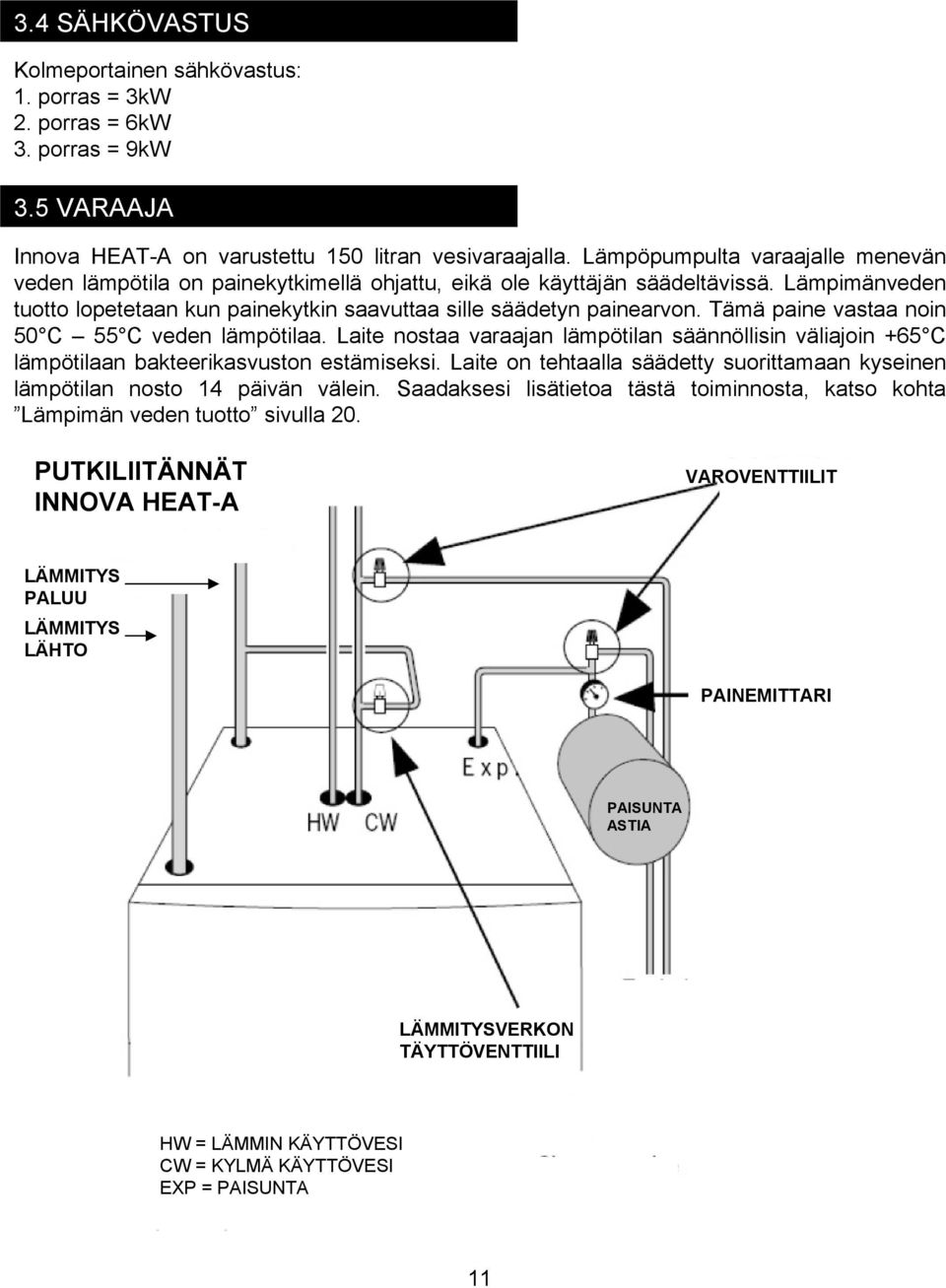 Tämä paine vastaa noin 50 C 55 C veden lämpötilaa. Laite nostaa varaajan lämpötilan säännöllisin väliajoin +65 C lämpötilaan bakteerikasvuston estämiseksi.