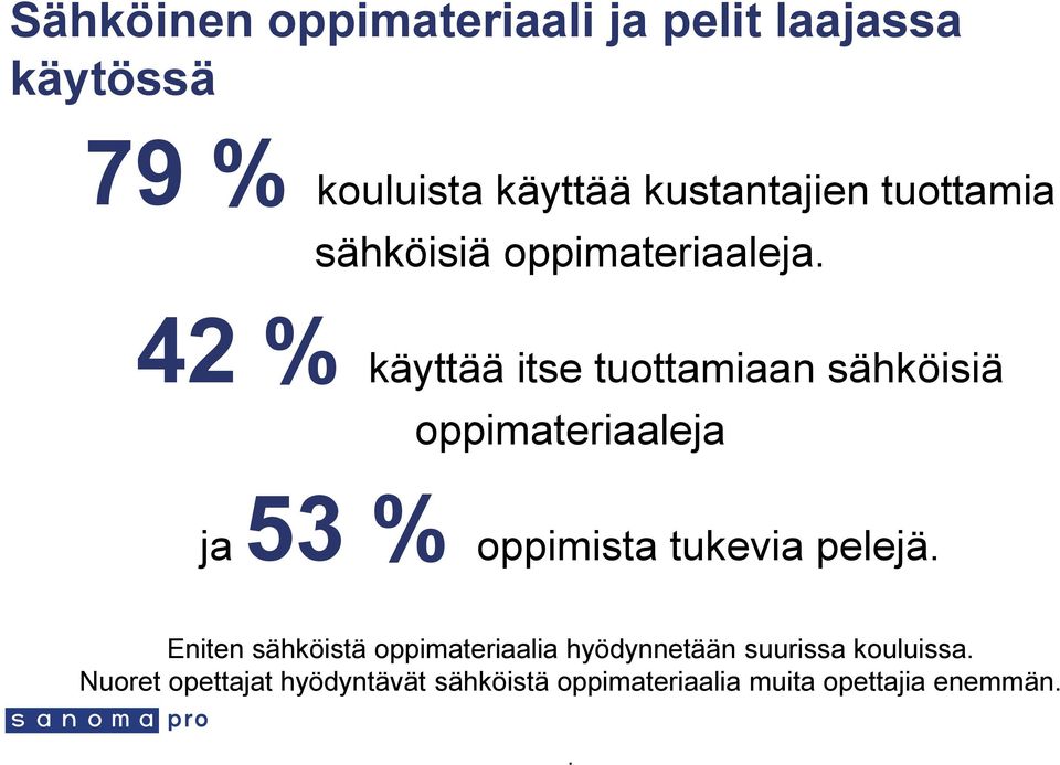 42 % käyttää itse tuottamiaan sähköisiä oppimateriaaleja ja 53 % oppimista tukevia pelejä.