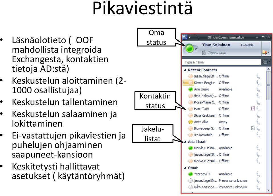 salaaminen ja lokittaminen Ei-vastattujen pikaviestien ja puhelujen ohjaaminen