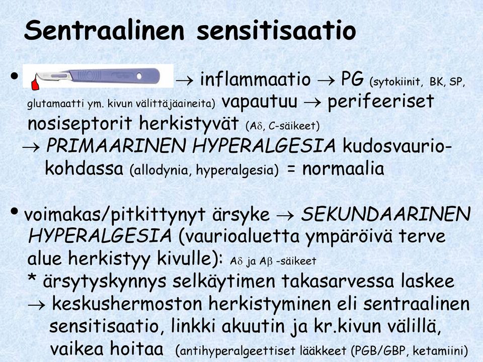 hyperalgesia) = normaalia voimakas/pitkittynyt ärsyke SEKUNDAARINEN HYPERALGESIA (vaurioaluetta ympäröivä terve alue herkistyy kivulle): A ja A