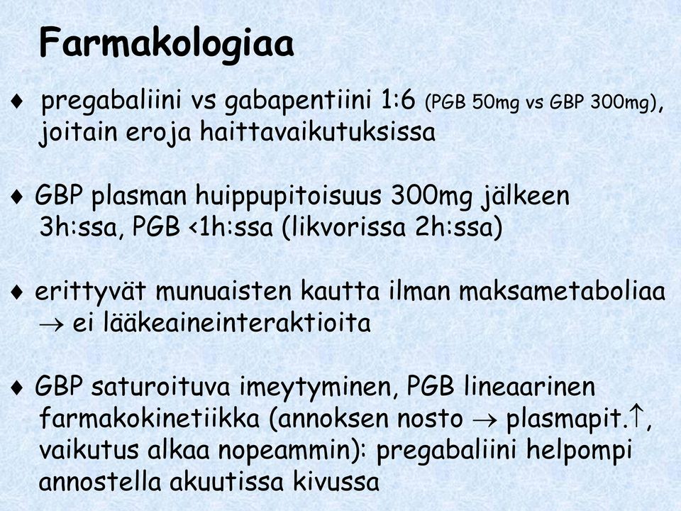 kautta ilman maksametaboliaa ei lääkeaineinteraktioita GBP saturoituva imeytyminen, PGB lineaarinen