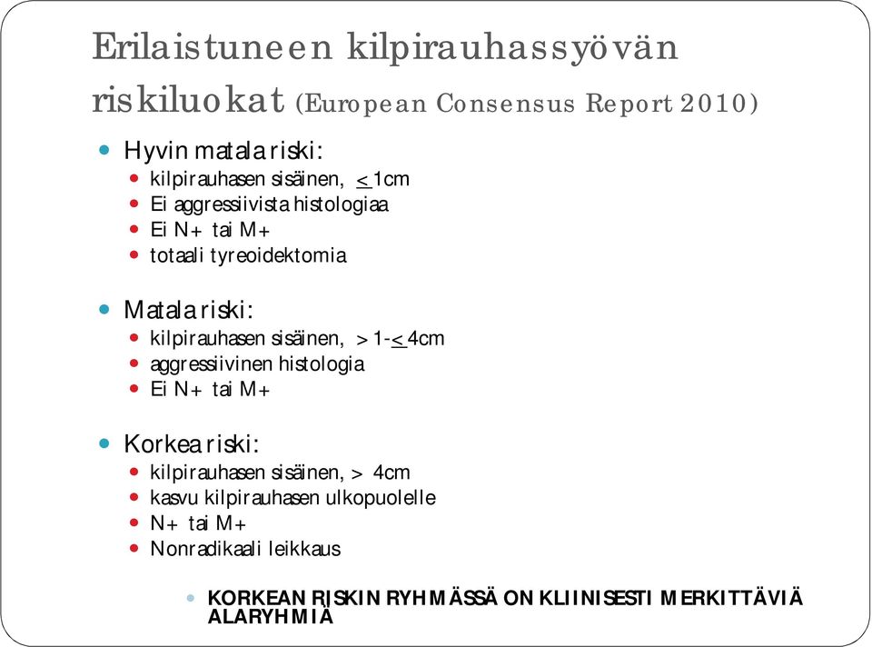 sisäinen, >1-<4cm aggressiivinen histologia Ei N+ tai M+ Korkea riski: kilpirauhasen sisäinen, > 4cm kasvu