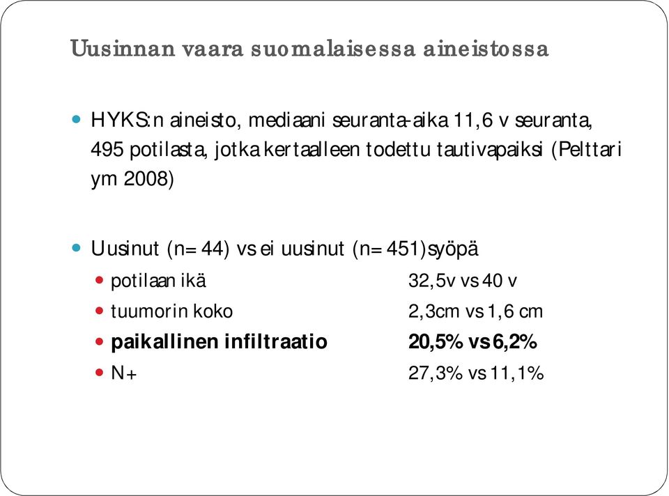 ym 2008) Uusinut (n=44) vs ei uusinut (n=451)syöpä potilaan ikä 32,5v vs 40 v