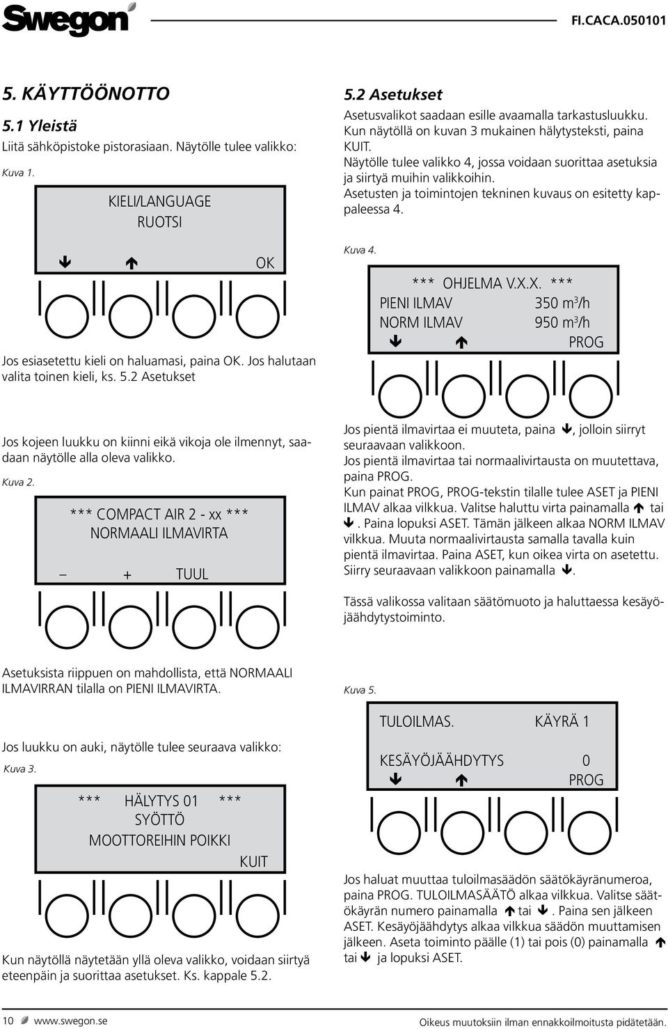 Näytölle tulee valikko 4, jossa voidaan suorittaa asetuksia ja siirtyä muihin valikkoihin. Asetusten ja toimintojen tekninen kuvaus on esitetty kappaleessa 4. Kuva 4. *** OHJELMA V.X.