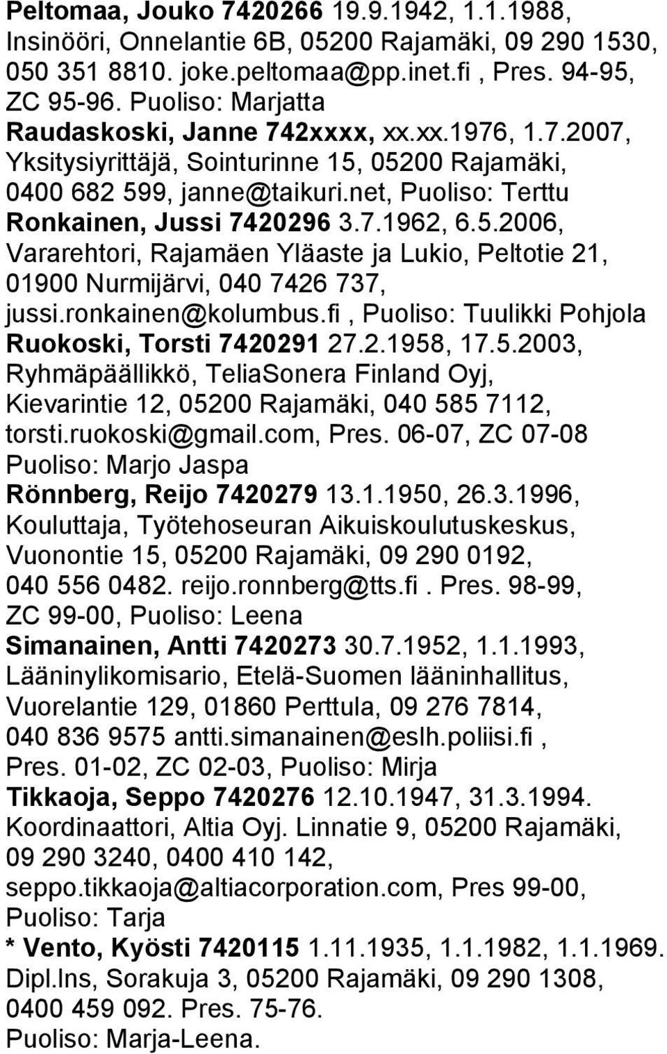 5.2006, Vararehtori, Rajamäen Yläaste ja Lukio, Peltotie 21, 01900 Nurmijärvi, 040 7426 737, jussi.ronkainen@kolumbus.fi, Puoliso: Tuulikki Pohjola Ruokoski, Torsti 7420291 27.2.1958, 17.5.2003, Ryhmäpäällikkö, TeliaSonera Finland Oyj, Kievarintie 12, 05200 Rajamäki, 040 585 7112, torsti.