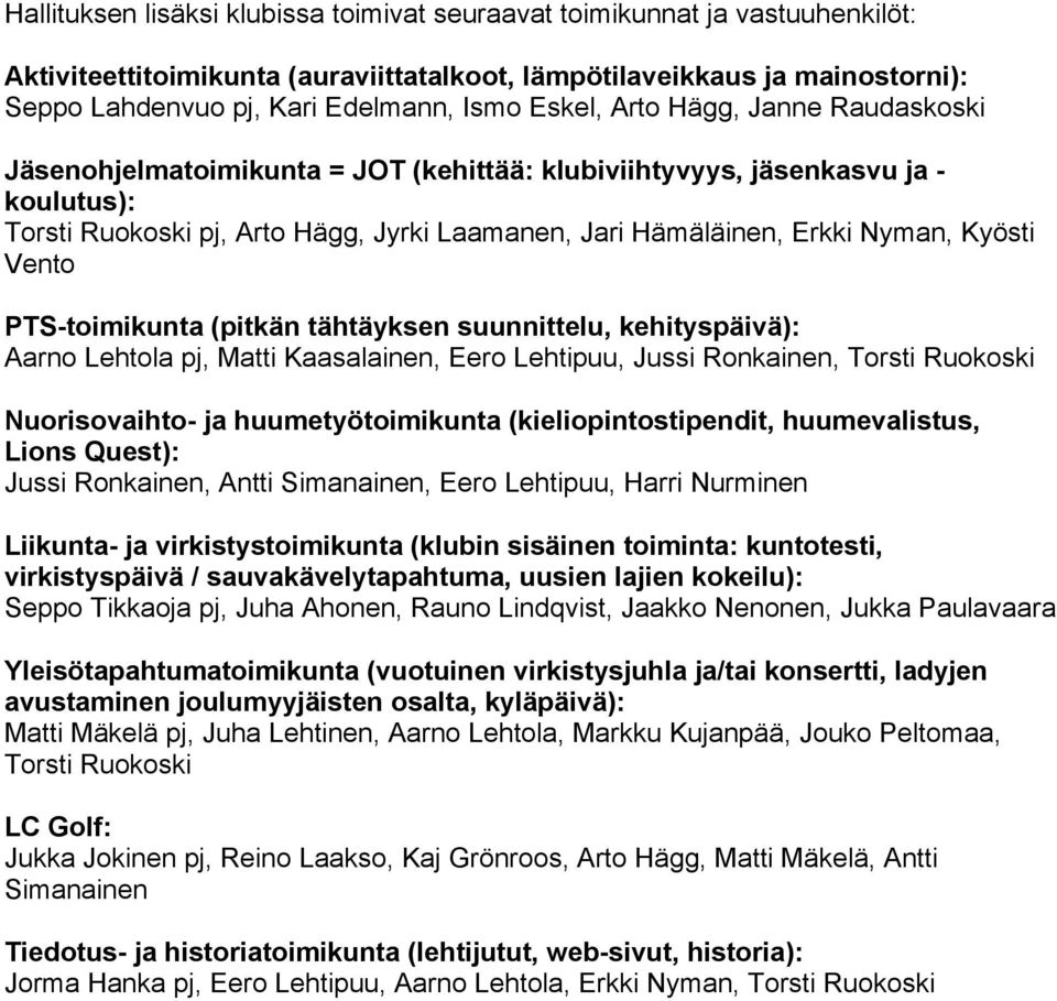 Kyösti Vento PTS-toimikunta (pitkän tähtäyksen suunnittelu, kehityspäivä): Aarno Lehtola pj, Matti Kaasalainen, Eero Lehtipuu, Jussi Ronkainen, Torsti Ruokoski Nuorisovaihto- ja huumetyötoimikunta