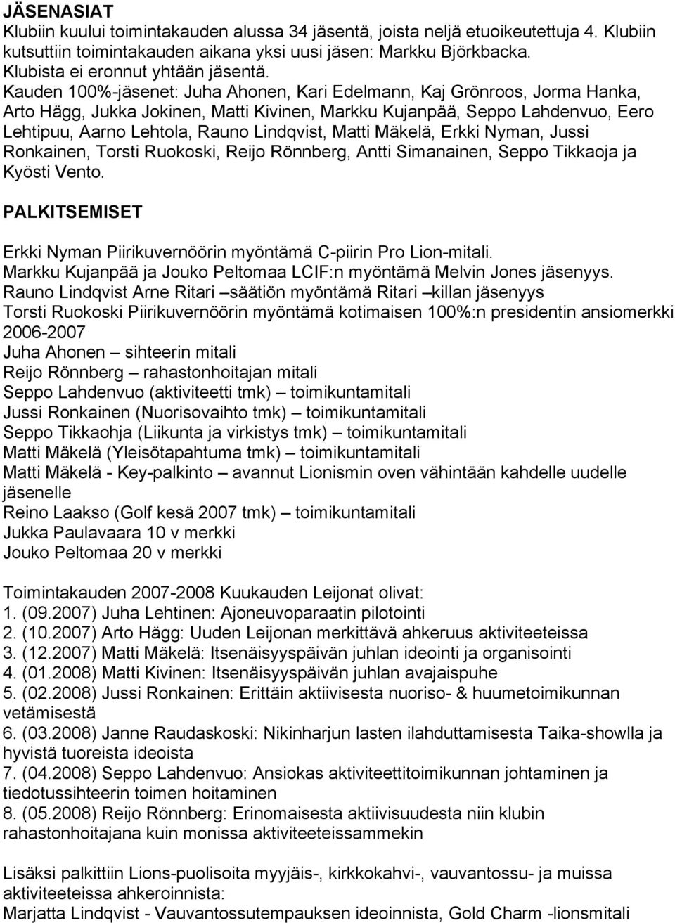 Kauden 100%-jäsenet: Juha Ahonen, Kari Edelmann, Kaj Grönroos, Jorma Hanka, Arto Hägg, Jukka Jokinen, Matti Kivinen, Markku Kujanpää, Seppo Lahdenvuo, Eero Lehtipuu, Aarno Lehtola, Rauno Lindqvist,