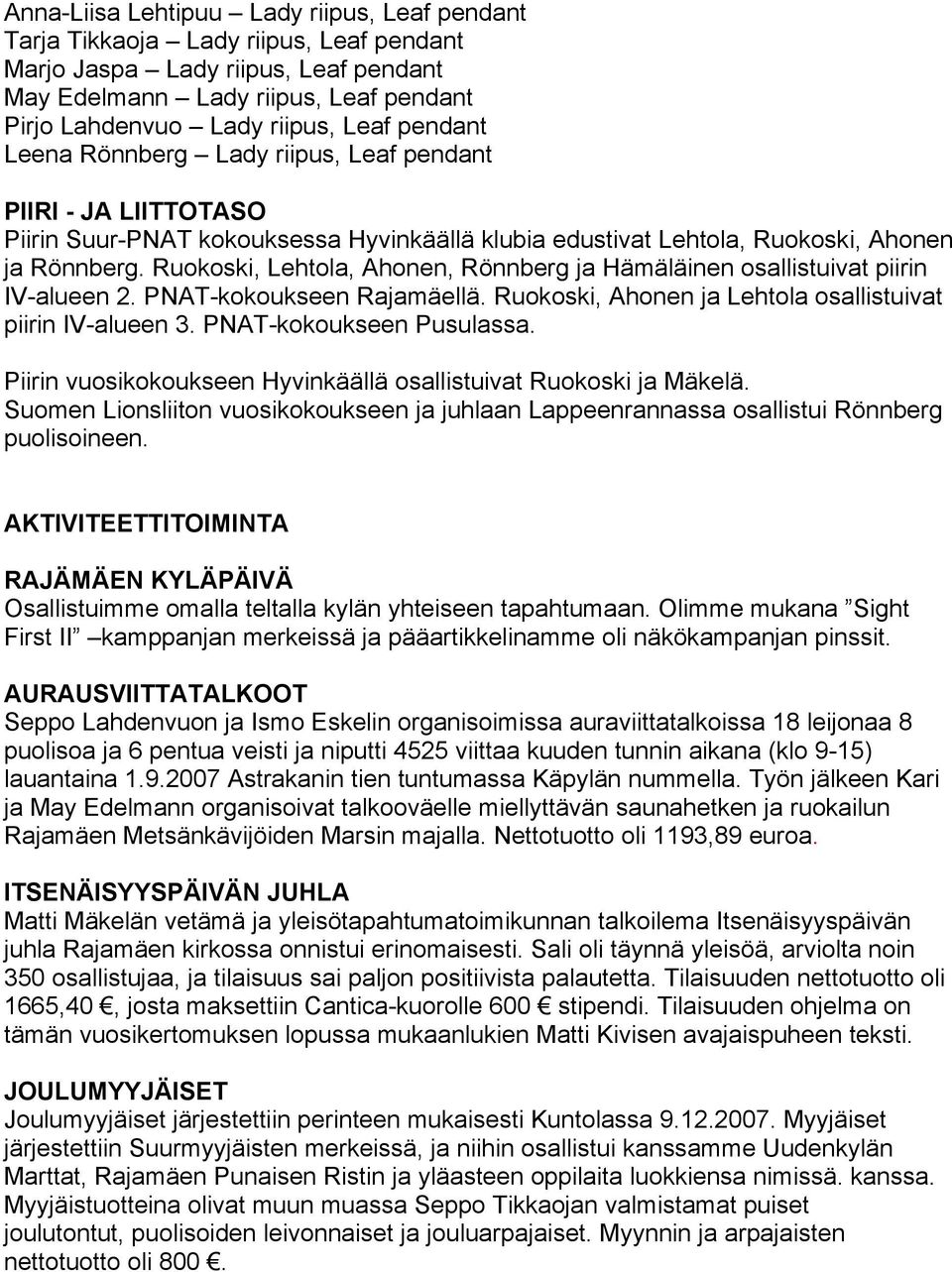 Ruokoski, Lehtola, Ahonen, Rönnberg ja Hämäläinen osallistuivat piirin IV-alueen 2. PNAT-kokoukseen Rajamäellä. Ruokoski, Ahonen ja Lehtola osallistuivat piirin IV-alueen 3. PNAT-kokoukseen Pusulassa.