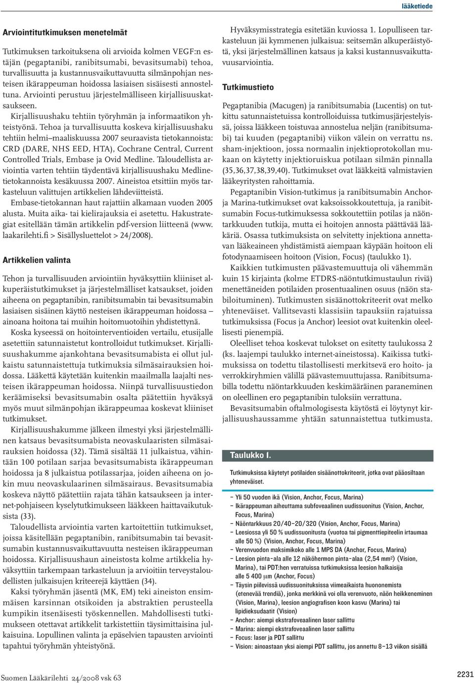 Tehoa ja turvallisuutta koskeva kirjallisuushaku tehtiin helmi maaliskuussa 2007 seuraavista tietokannoista: CRD (DARE, NHS EED, HTA), Cochrane Central, Current Controlled Trials, Embase ja Ovid
