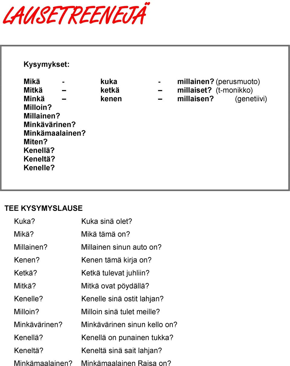 Millainen sinun auto on? Kenen? Kenen tämä kirja on? Ketkä? Ketkä tulevat juhliin? Mitkä? Mitkä ovat pöydällä? Kenelle? Kenelle sinä ostit lahjan? Milloin?