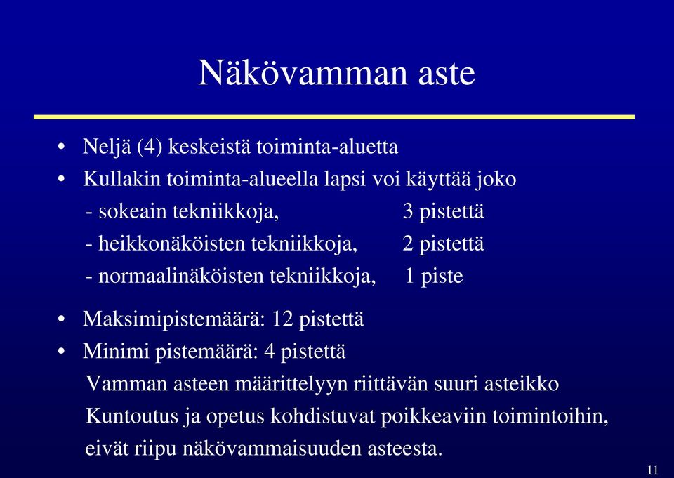 1 piste Maksimipistemäärä: 12 pistettä Minimi pistemäärä: 4 pistettä Vamman asteen määrittelyyn riittävän