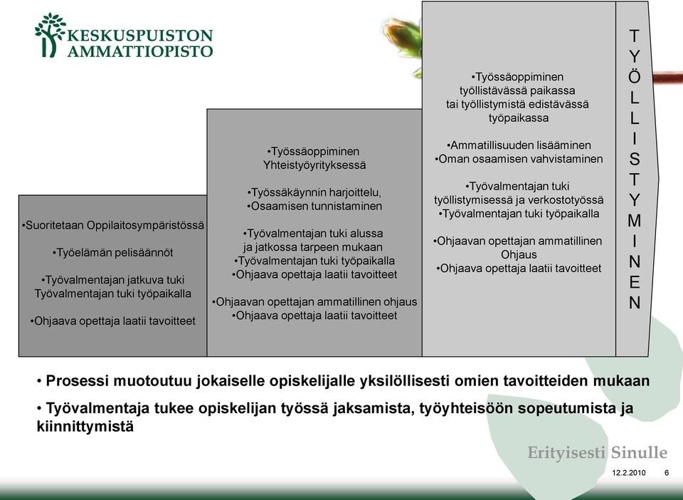 ammatillinen ohjaus Ohjaava opettaja laatii tavoitteet Työssäoppiminen työllistävässä paikassa tai työllistymistä edistävässä työpaikassa Ammatillisuuden lisääminen Oman osaamisen vahvistaminen