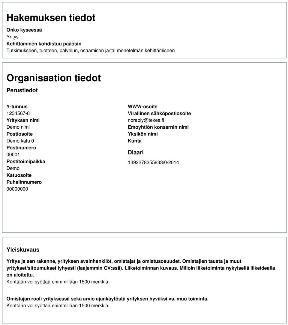 fi Emoyhtiön konsernin nimi Yksikön nimi Kunta Diaari 1392278355833/0/2014 Yleiskuvaus Yritys ja sen rakenne, yrityksen avainhenkilöt, omistajat ja omistusosuudet.