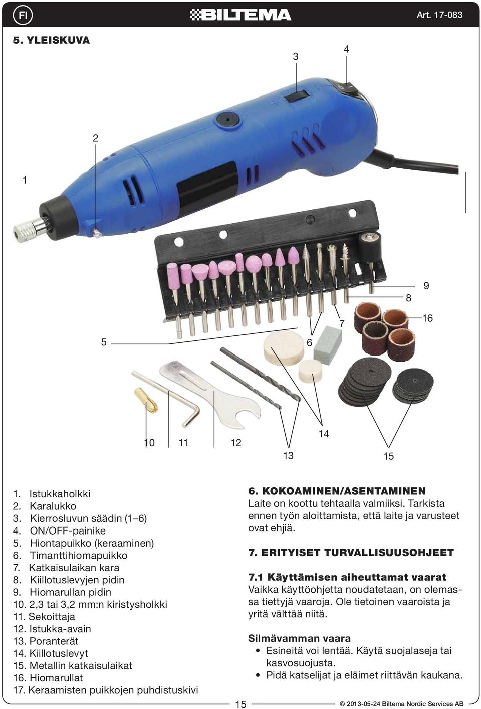 Metallin katkaisulaikat 16. Hiomarullat 17. Keraamisten puikkojen puhdistuskivi 6. KOKOAMINEN/ASENTAMINEN Laite on koottu tehtaalla valmiiksi.