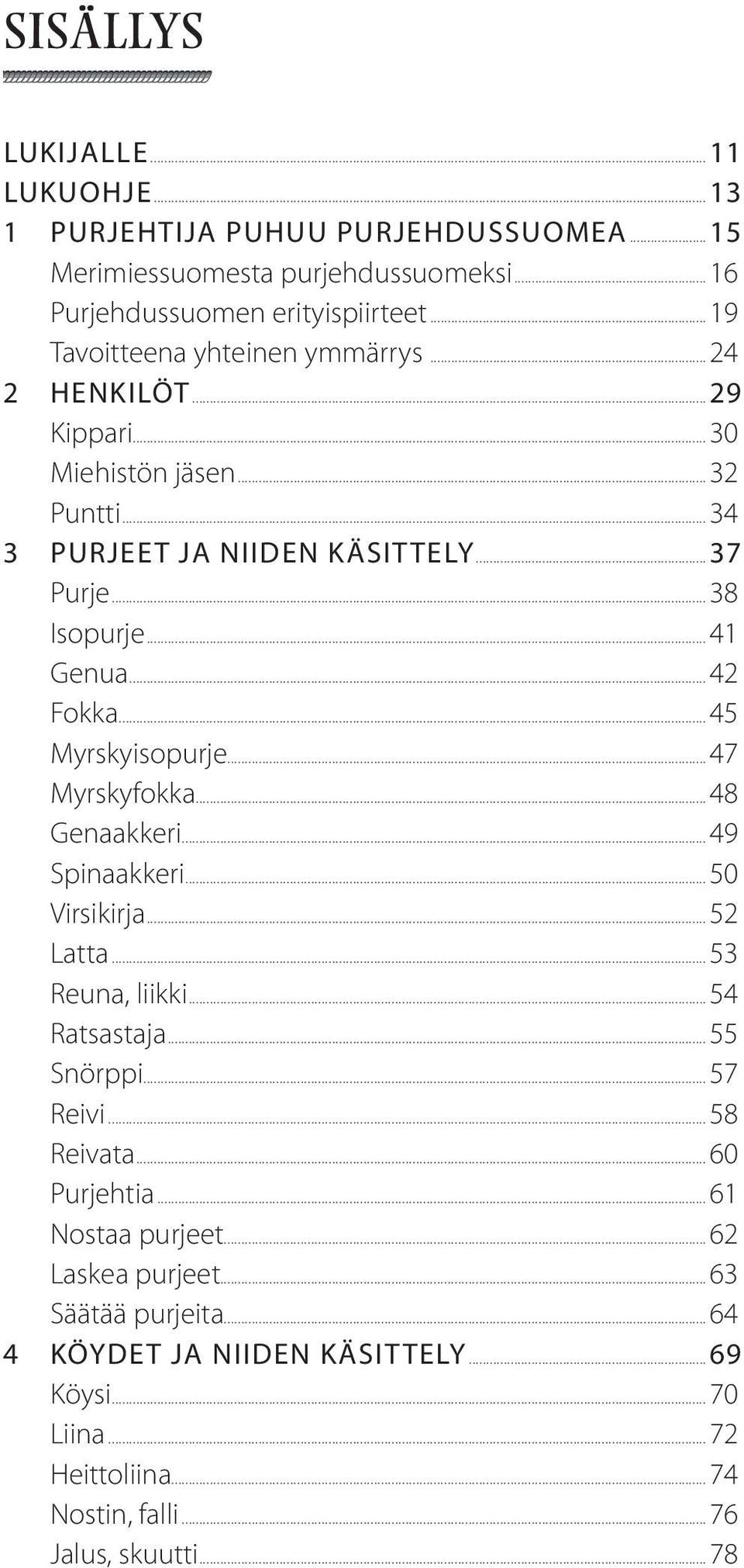 ..42 Fokka...45 Myrskyisopurje...47 Myrskyfokka...48 Genaakkeri...49 Spinaakkeri...50 Virsikirja...52 Latta...53 Reuna, liikki...54 Ratsastaja...55 Snörppi...57 Reivi.