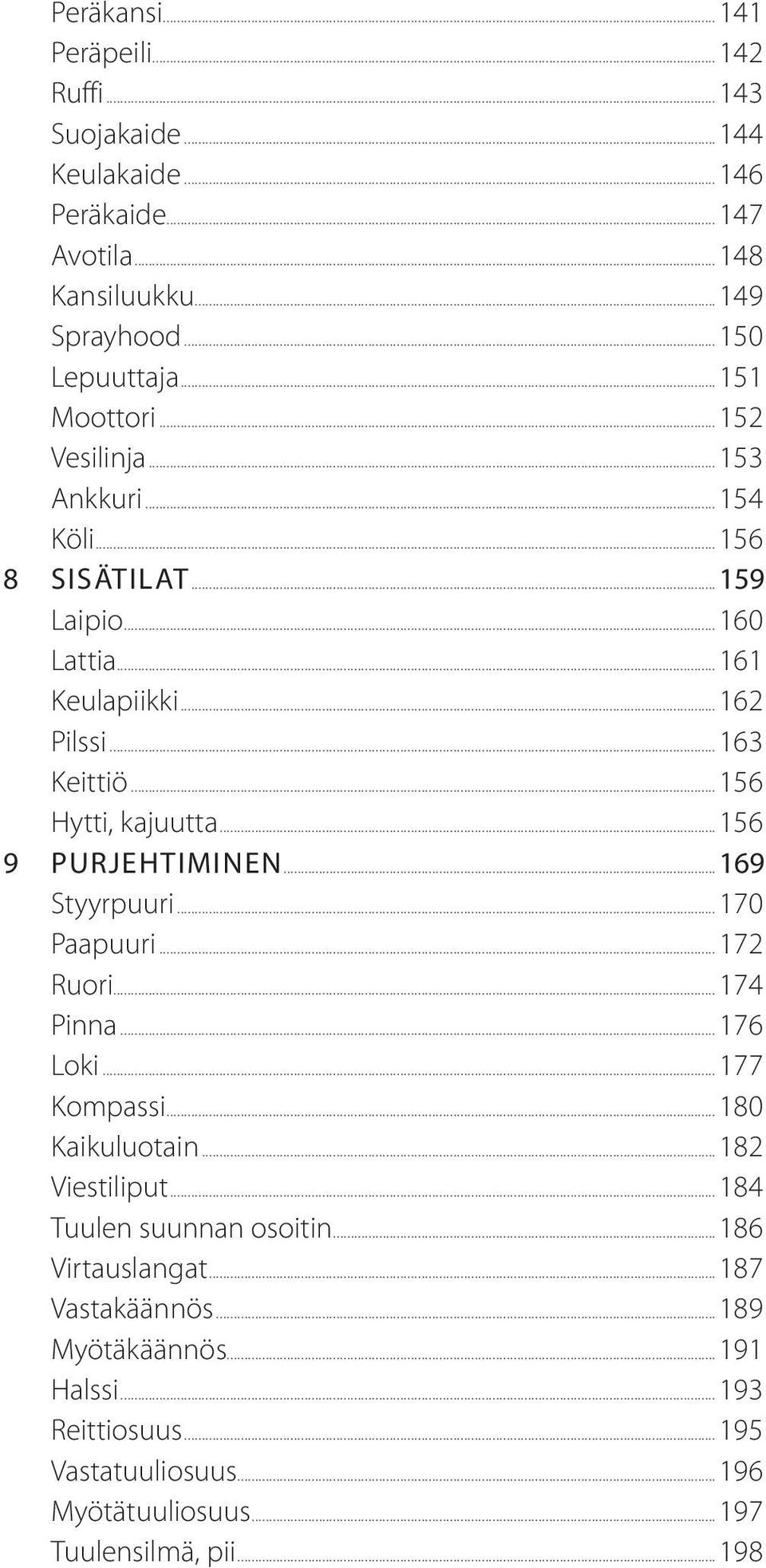 ..156 Hytti, kajuutta...156 9 Purjehtiminen...169 Styyrpuuri...170 Paapuuri...172 Ruori...174 Pinna...176 Loki...177 Kompassi...180 Kaikuluotain...182 Viestiliput.