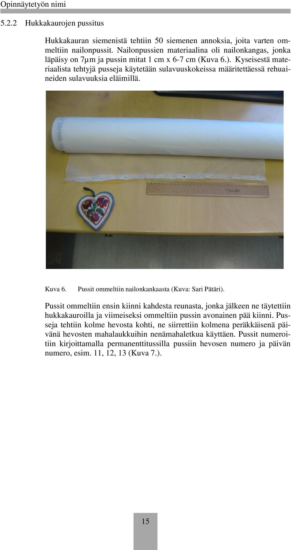 Kyseisestä materiaalista tehtyjä pusseja käytetään sulavuuskokeissa määritettäessä rehuaineiden sulavuuksia eläimillä. Kuva 6. Pussit ommeltiin nailonkankaasta (Kuva: Sari Pätäri).