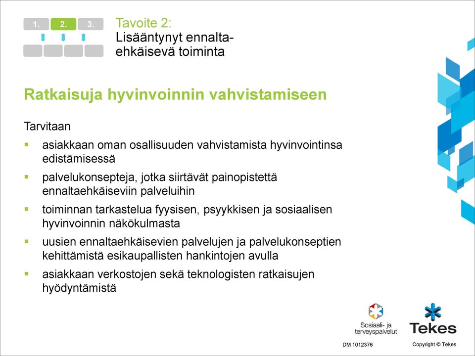 vahvistamista hyvinvointinsa edistämisessä palvelukonsepteja, jotka siirtävät painopistettä ennaltaehkäiseviin palveluihin