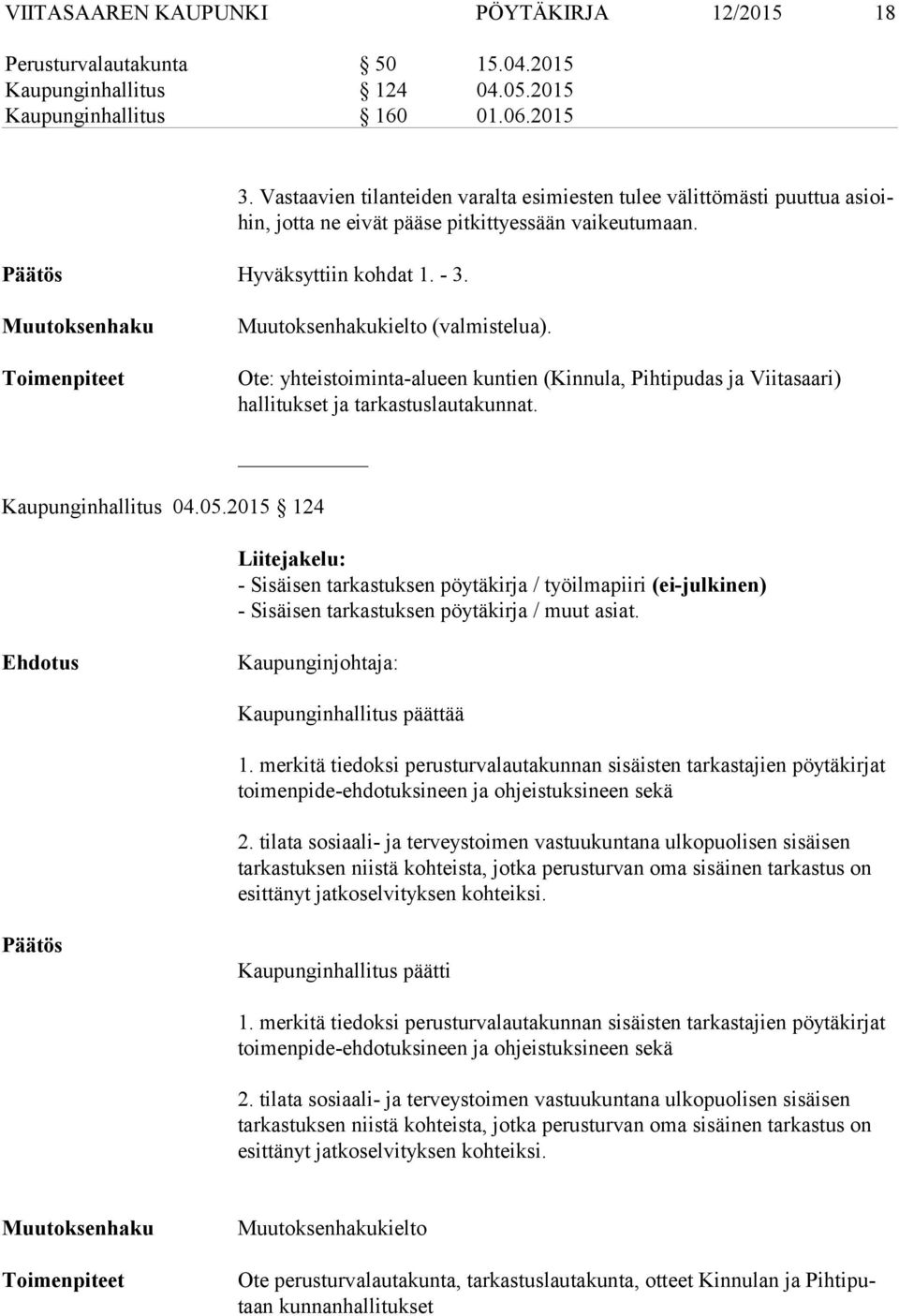 Muutoksenhaku Toimenpiteet Muutoksenhakukielto (valmistelua). Ote: yhteistoiminta-alueen kuntien (Kinnula, Pihtipudas ja Viitasaari) hallitukset ja tarkastuslautakunnat. Kaupunginhallitus 04.05.