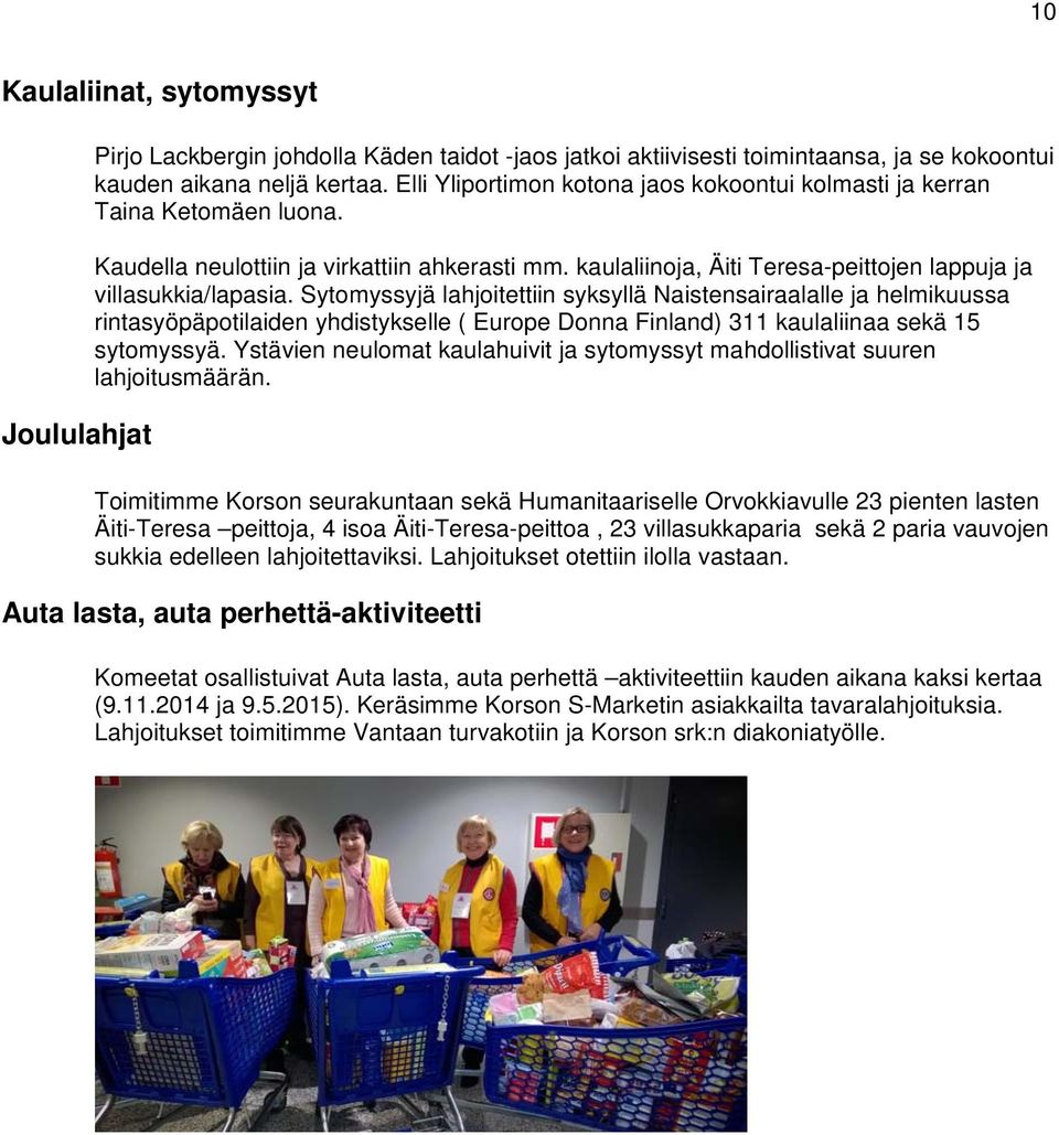 Sytomyssyjä lahjoitettiin syksyllä Naistensairaalalle ja helmikuussa rintasyöpäpotilaiden yhdistykselle ( Europe Donna Finland) 311 kaulaliinaa sekä 15 sytomyssyä.
