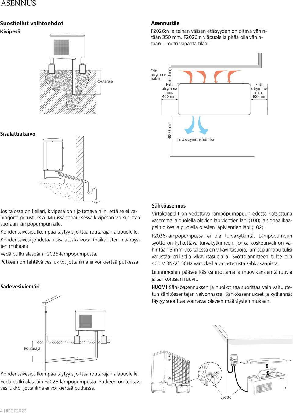 Fritt utrymme min. 400 mm 400 mm Sisälattiakaivo 3000 mm Fritt Fritt utrymme framför Jos talossa on kellari, kivipesä on sijoitettava niin, että se ei vahingoita perustuksia.