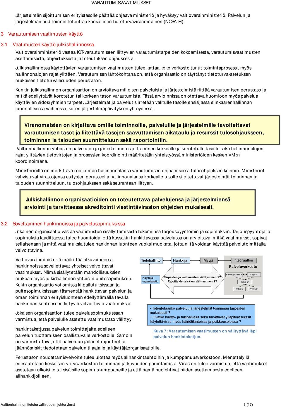 1 Vaatimusten käyttö julkishallinnossa Valtiovarainministeriö vastaa ICT-varautumiseen liittyvien varautumistarpeiden kokoamisesta, varautumisvaatimusten asettamisesta, ohjeistuksesta ja toteutuksen