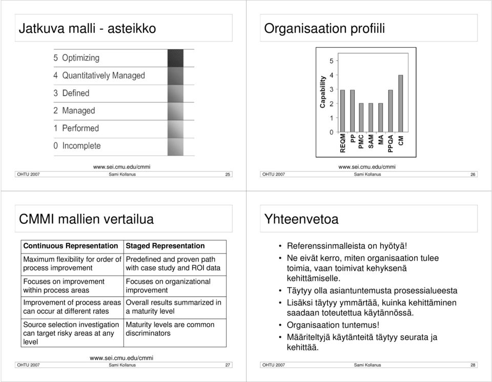 Representation Predefined and proven path with case study and ROI data Focuses on organizational improvement Overall results summarized in a maturity level Maturity levels are common discriminators