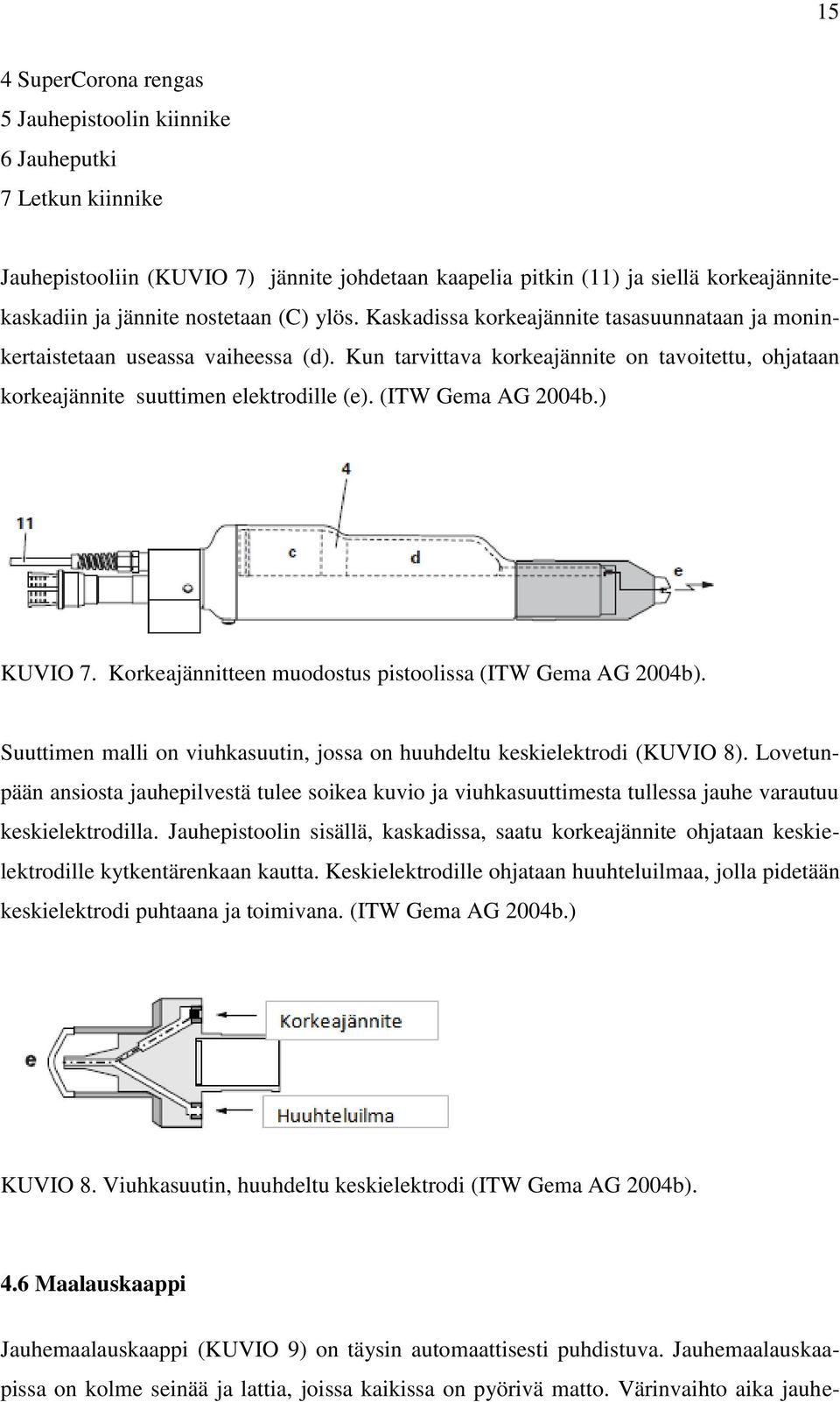 (ITW Gema AG 2004b.) KUVIO 7. Korkeajännitteen muodostus pistoolissa (ITW Gema AG 2004b). Suuttimen malli on viuhkasuutin, jossa on huuhdeltu keskielektrodi (KUVIO 8).