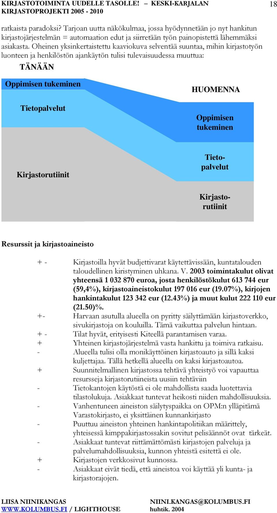 Oppimisen tukeminen Kirjastorutiinit Tietopalvelut Kirjastorutiinit Resurssit ja kirjastoaineisto + - Kirjastoilla hyvät budjettivarat käytettävissään, kuntatalouden taloudellinen kiristyminen uhkana.