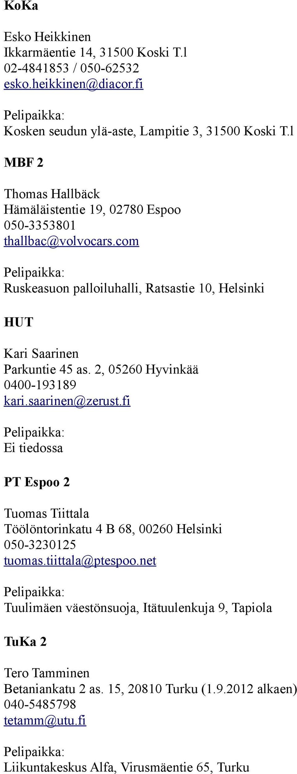 2, 05260 Hyvinkää 0400-193189 kari.saarinen@zerust.fi PT Espoo 2 Tuomas Tiittala Töölöntorinkatu 4 B 68, 00260 Helsinki 050-3230125 tuomas.tiittala@ptespoo.