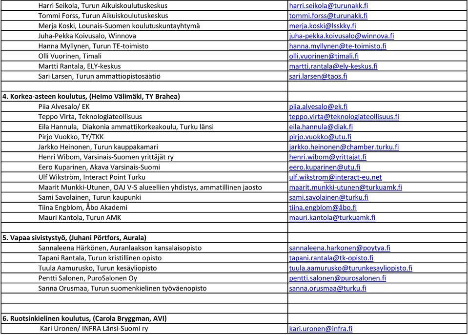 Korkea-asteen koulutus, (Heimo Välimäki, TY Brahea) Piia Alvesalo/ EK Teppo Virta, Teknologiateollisuus Eila Hannula, Diakonia ammattikorkeakoulu, Turku länsi Pirjo Vuokko, TY/TKK Jarkko Heinonen,