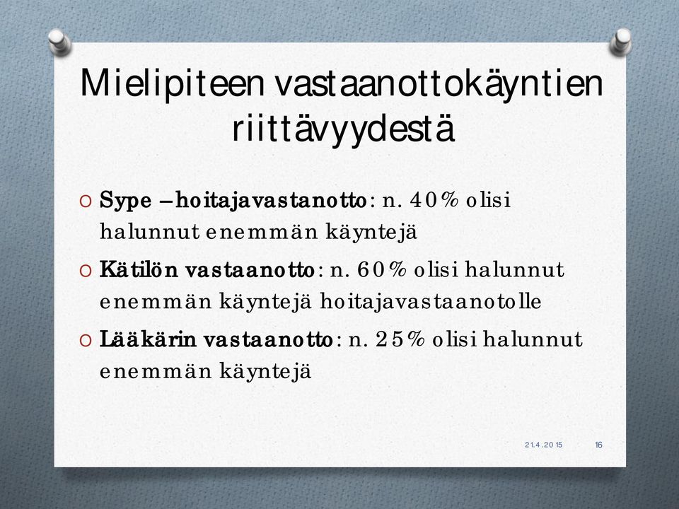 40% olisi halunnut enemmän käyntejä O Kätilön vastaanotto: n.