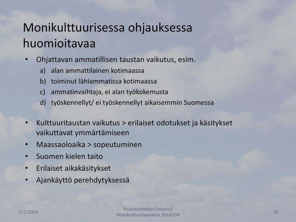 d) työskennellyt/ ei työskennellyt aikaisemmin Suomessa Kulttuuritaustan vaikutus > erilaiset odotukset ja