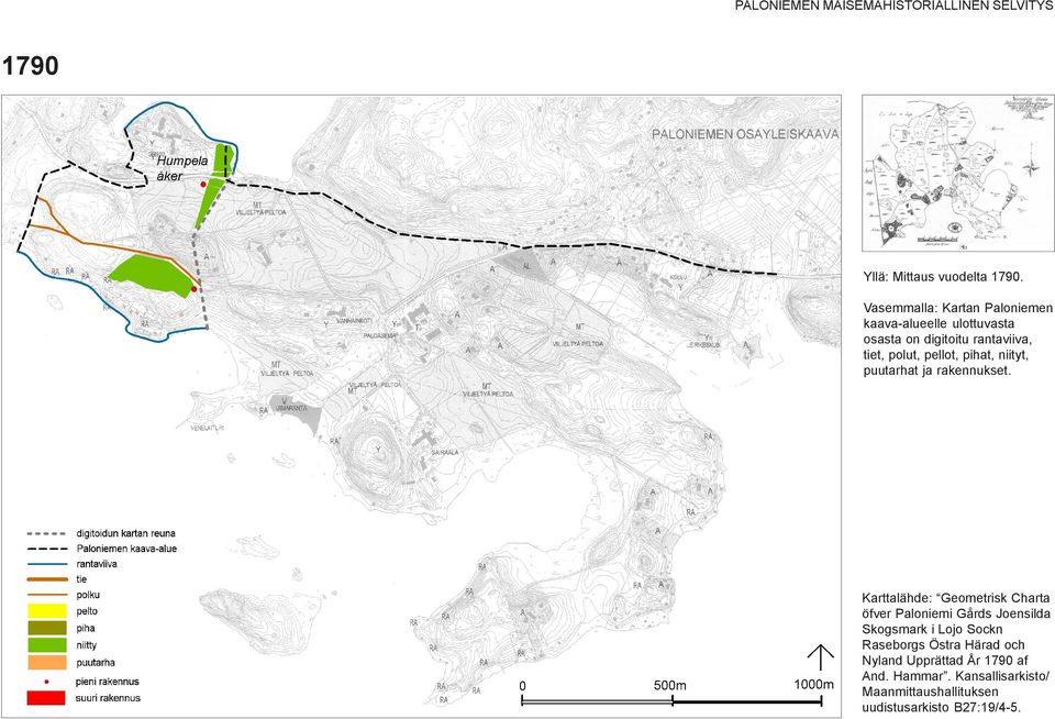 Vasemmalla: Kartan Paloniemen kaava-alueelle ulottuvasta osasta on digitoitu rantaviiva, tiet, polut, pellot, pihat, niityt,