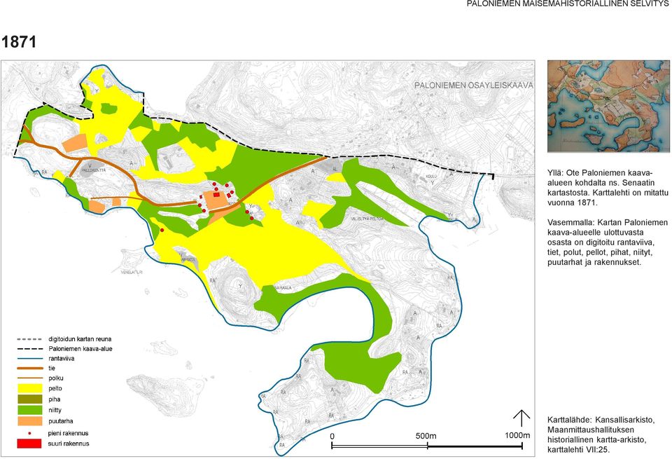 Vasemmalla: Kartan Paloniemen kaava-alueelle ulottuvasta osasta on digitoitu rantaviiva, tiet, polut,