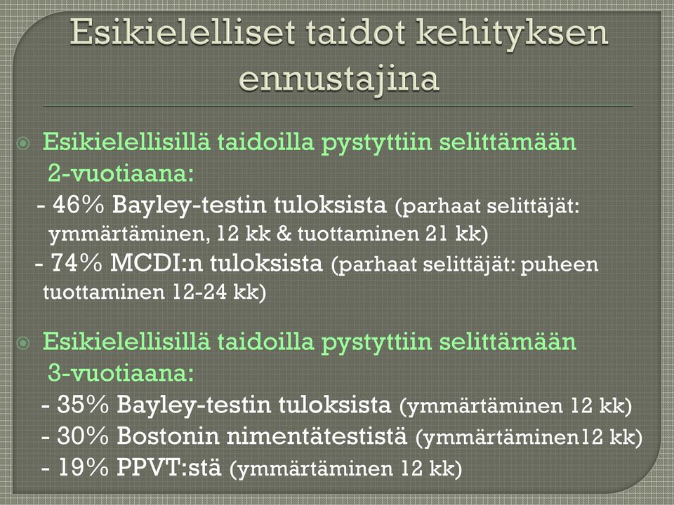 tuottaminen 12-24 kk) Esikielellisillä taidoilla pystyttiin selittämään 3-vuotiaana: - 35% Bayley-testin