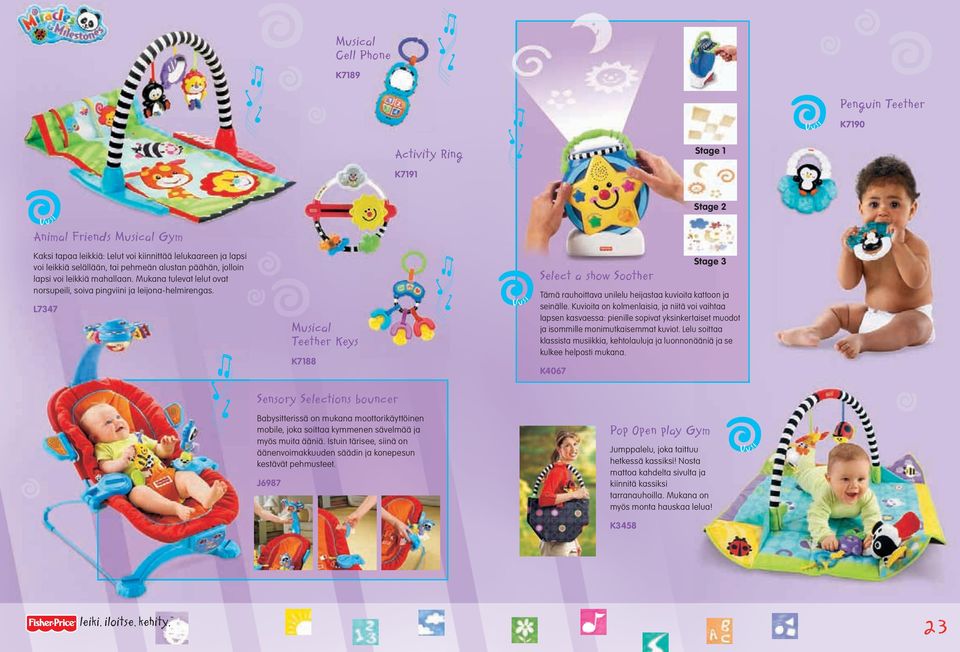 L7347 Musical Teether Keys K7188 i U u s Select a show Soother Stage 3 Tämä rauhoittava unilelu heijastaa kuvioita kattoon ja seinälle.