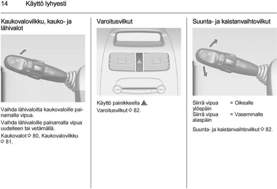 Vaihda lähivaloille painamalla vipua uudelleen tai vetämällä. Kaukovalot 3 80, Kaukovalovilkku 3 81.