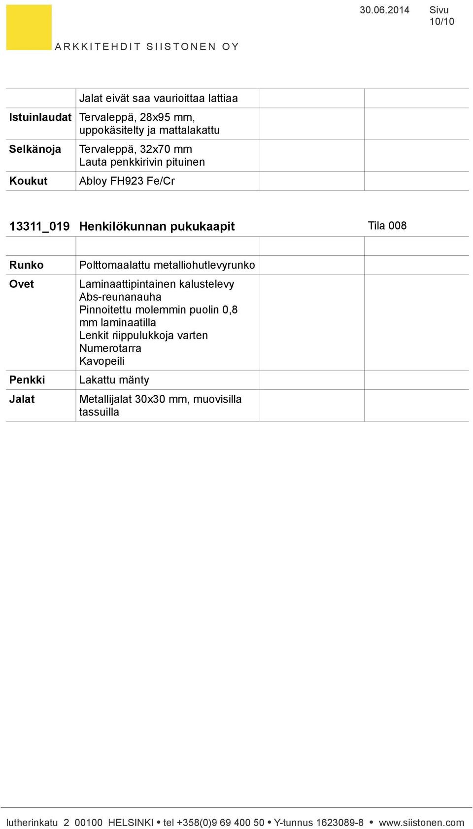 Koukut Tervaleppä, 32x70 mm Lauta penkkirivin pituinen Abloy FH923 Fe/Cr 13311_019 Henkilökunnan pukukaapit Tila 008 Runko Ovet