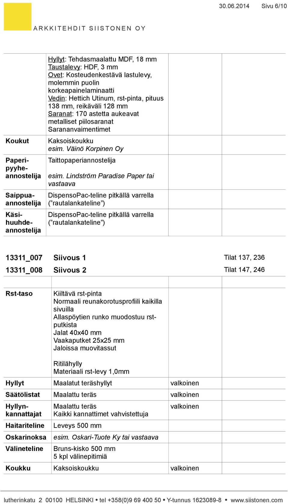 pituus 138 mm, reikäväli 128 mm Saranat: 170 astetta aukeavat metalliset piilosaranat Sarananvaimentimet Kaksoiskoukku esim. Väinö Korpinen Oy esim.