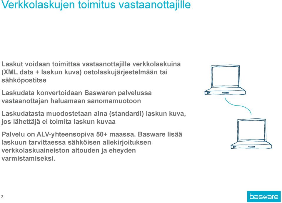 Laskudatasta muodostetaan aina (standardi) laskun kuva, jos lähettäjä ei toimita laskun kuvaa Palvelu on ALV-yhteensopiva 50+