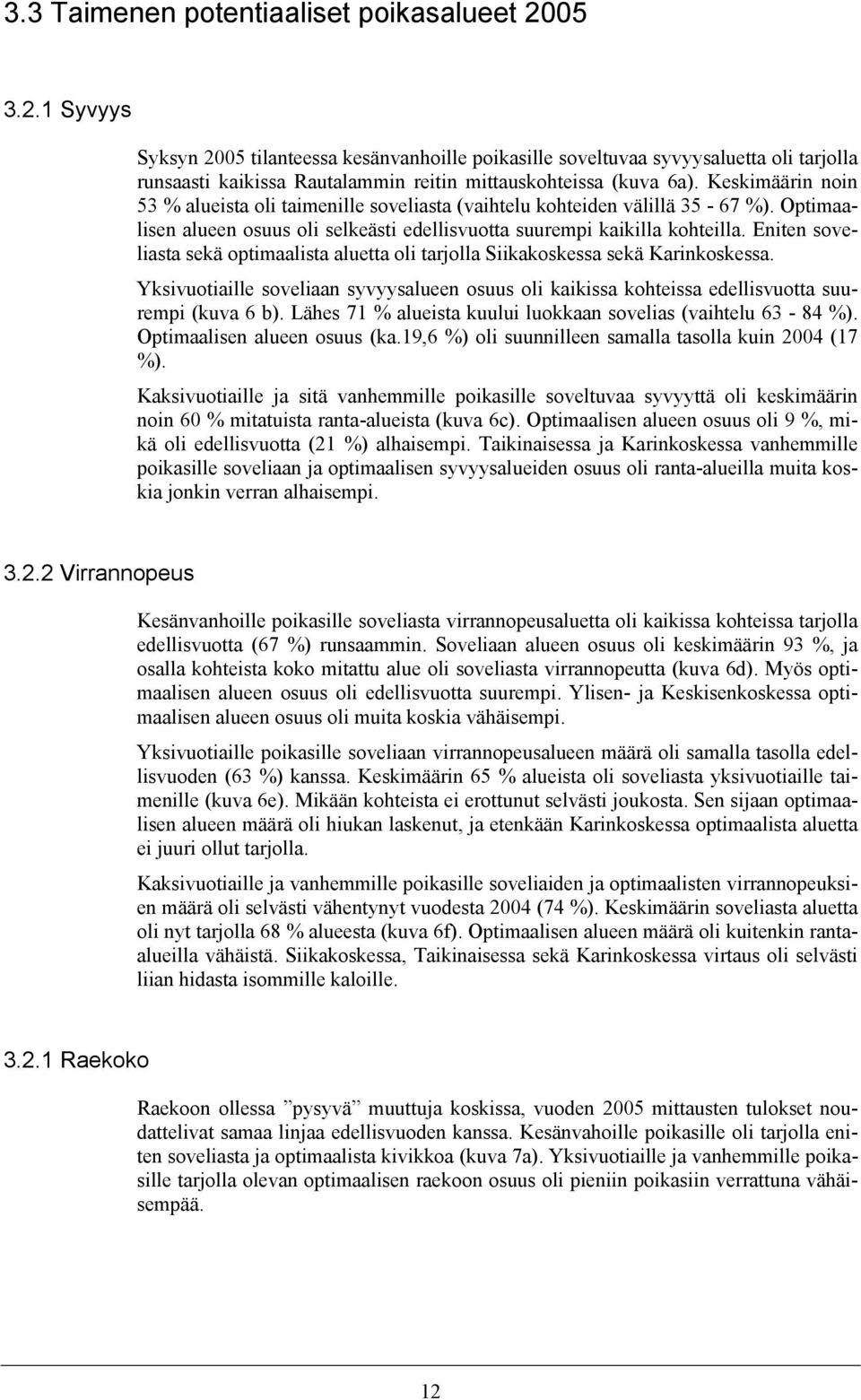 Keskimäärin noin 53 % alueista oli taimenille soveliasta (vaihtelu kohteiden välillä 35-67 %). Optimaalisen alueen osuus oli selkeästi edellisvuotta suurempi kaikilla kohteilla.