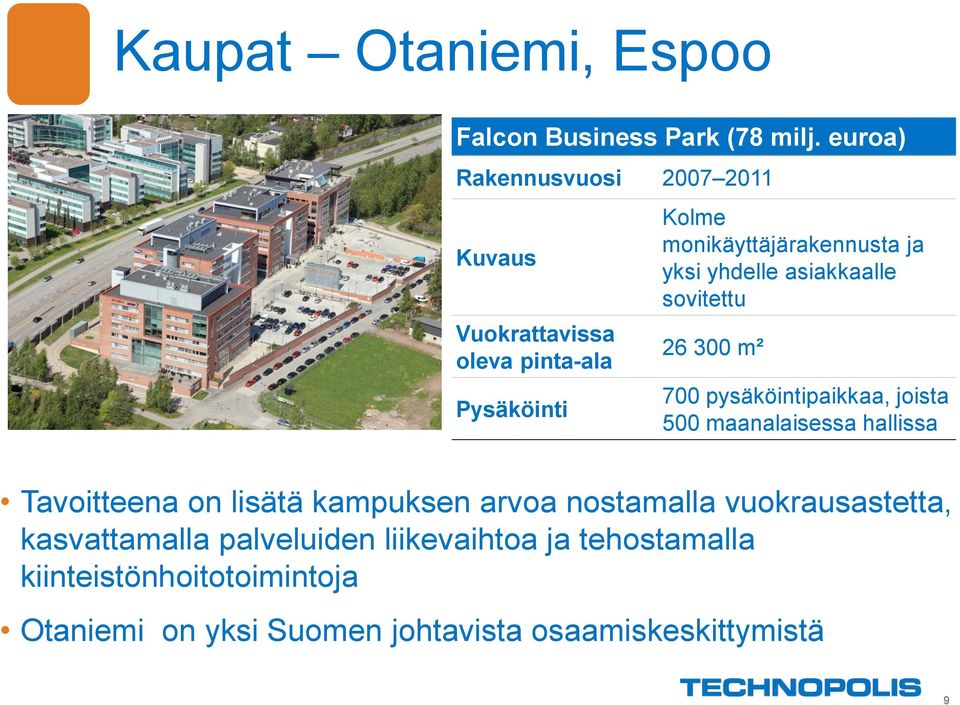 yhdelle asiakkaalle sovitettu 26 300 m² 700 pysäköintipaikkaa, joista 500 maanalaisessa hallissa Tavoitteena on lisätä