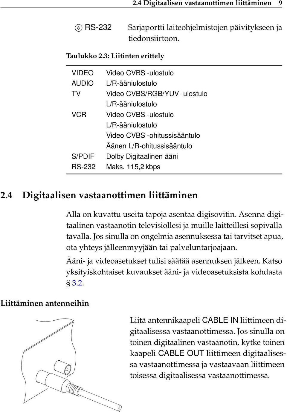 -ohitussisääntulo Äänen L/R-ohitussisääntulo Dolby Digitaalinen ääni Maks. 115,2 kbps 2.4 Digitaalisen vastaanottimen liittäminen Alla on kuvattu useita tapoja asentaa digisovitin.