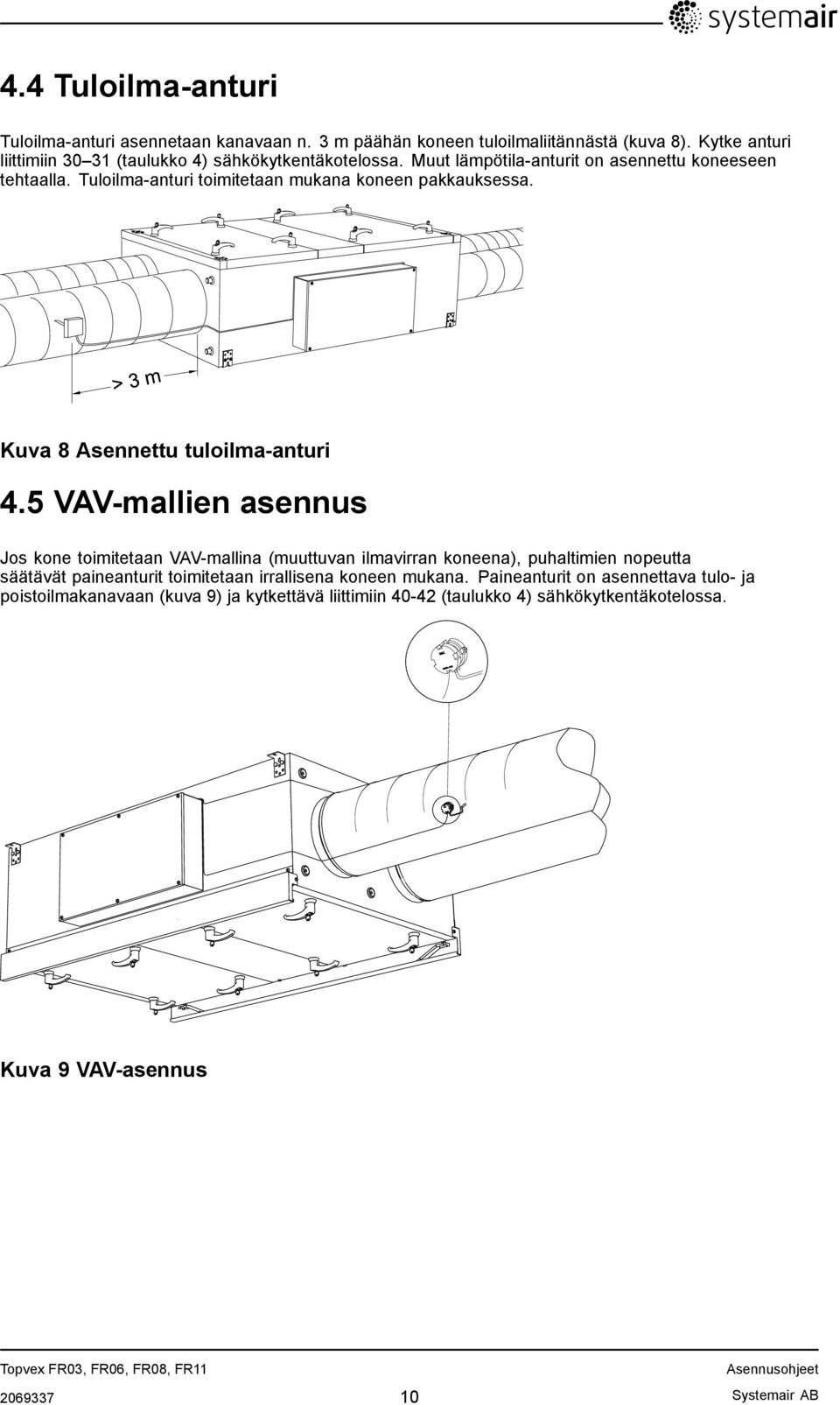 Tuloilma-anturi toimitetaan mukana koneen pakkauksessa. Kuva 8 Asennettu tuloilma-anturi 4.