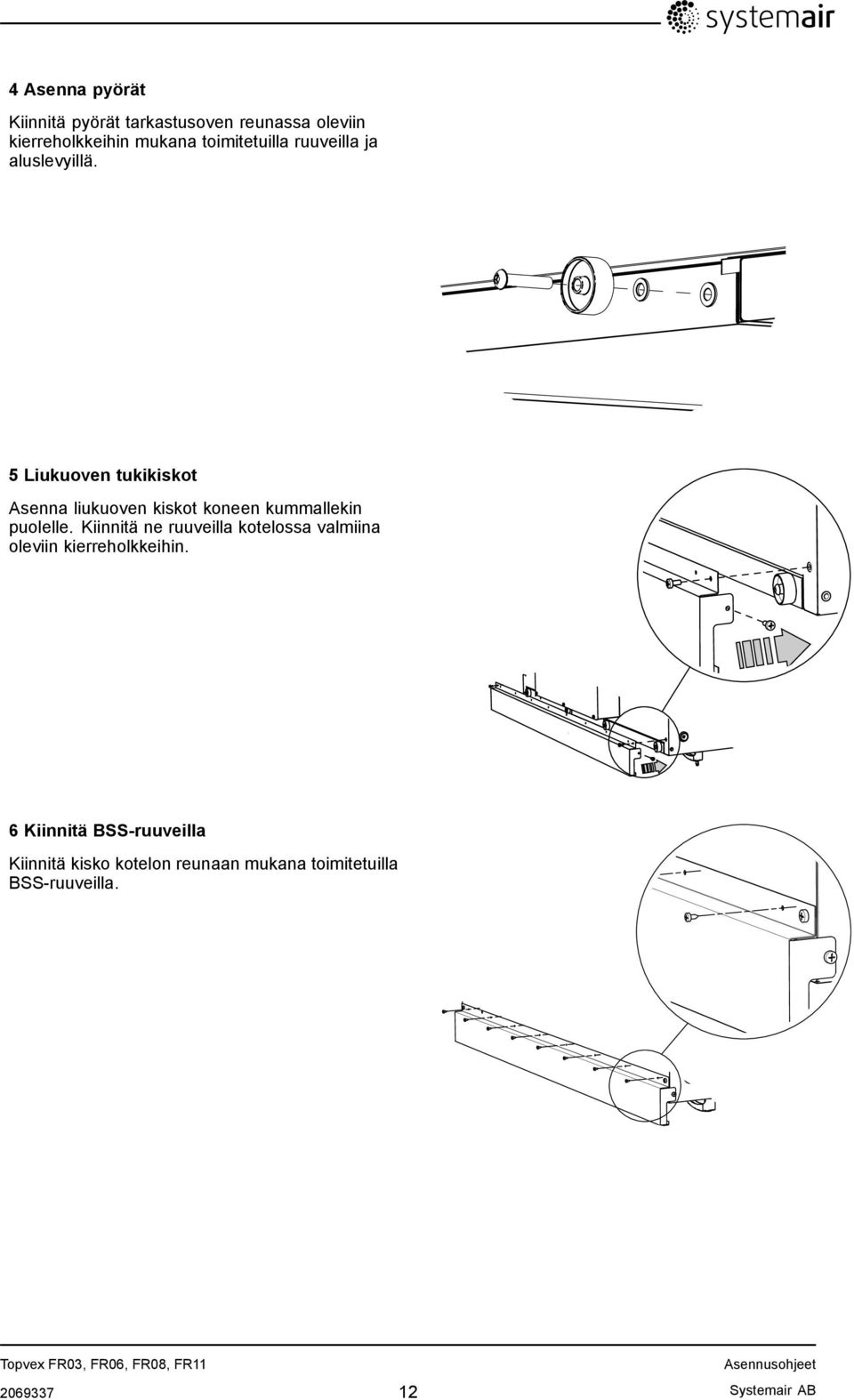 5 Liukuoven tukikiskot Asenna liukuoven kiskot koneen kummallekin puolelle.